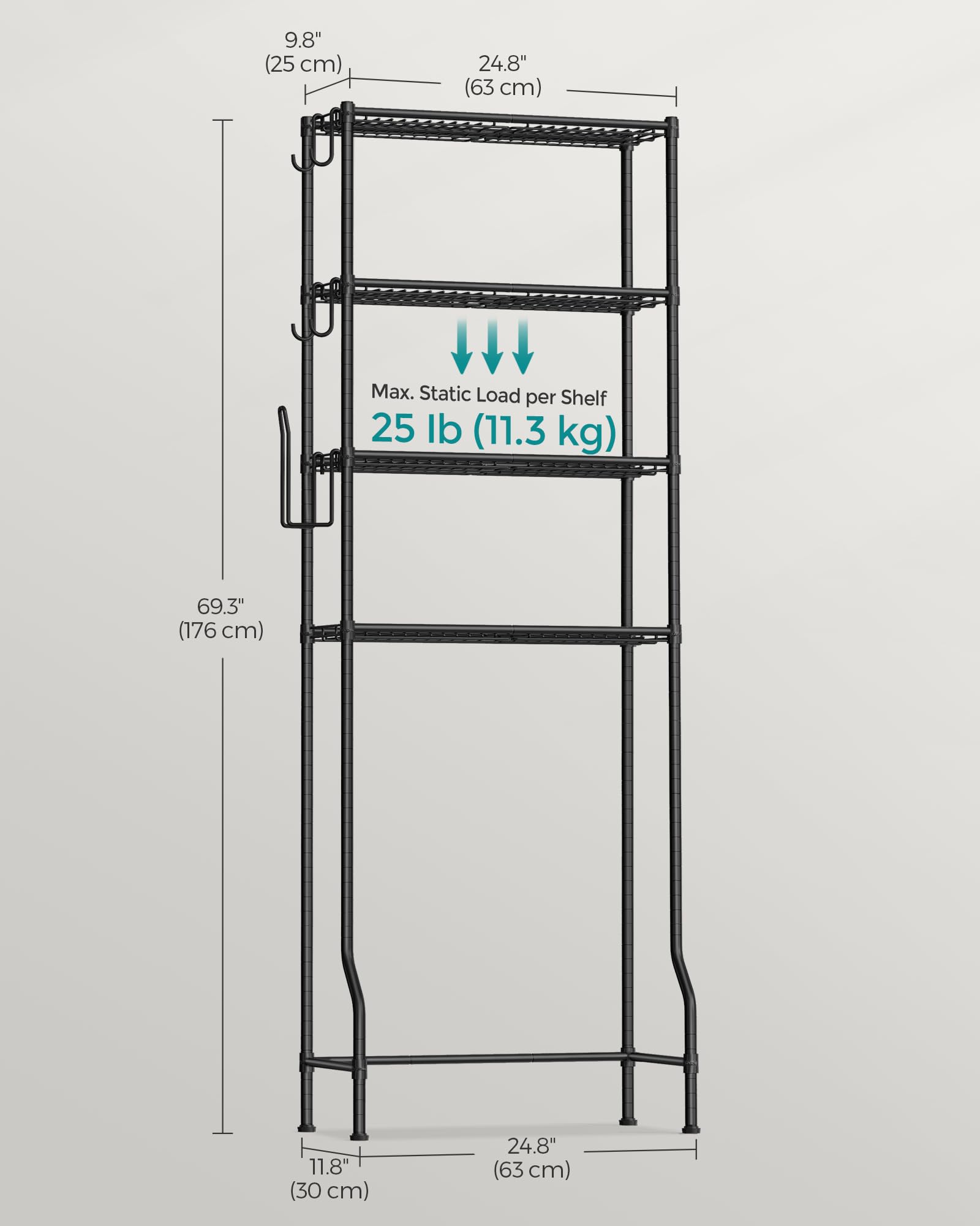 SONGMICS 4 Tier Over The Toilet Storage, Metal Storage Rack, Adjustable Shelves, 4 Hooks, Roll Holder, Space-Saving Bathroom Storage Shelf Organizer, 11.8 x 24.8 x 69.3 Inches, Black UBTS013B01