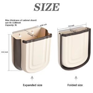 Aimkeoulee Hanging Kitchen Trash Can for Kitchen Counter,9L Collapsible Plastic Waste Bin for Cabinet Door, Wall Mounted 2.4 Gallon Foldable Small Wastebasket for Kitchen, Bathroom, Bedroom(Khaki)