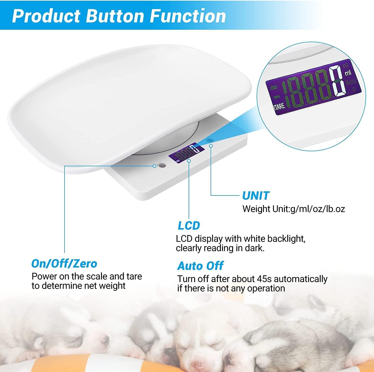 YTCYKJ Puppy Scales for Weighing, Multi-Function LCD Digital Puppy Scale for whelping Dogs with Pet Thermometer＆Nail Clipper, Perfect for Puppy/Hamster/Hedgehog/Food, Capacity up to 33 lb