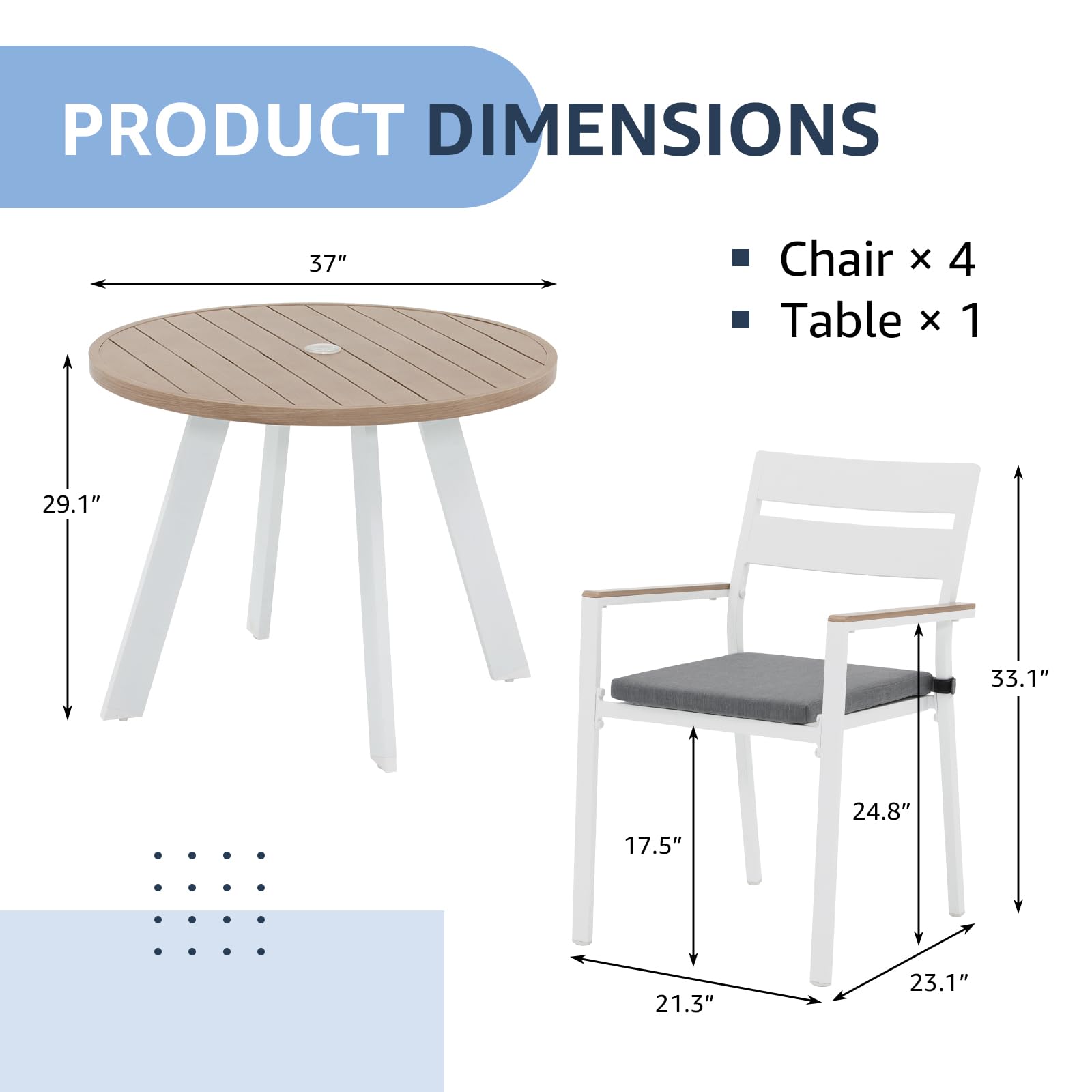 OC Orange-Casual 5 Piece Aluminum Patio Dining Set, Outdoor Furniture Set with 4 Stackable Cushioned Chairs and Round Weather Resistant Table w/Umbrella Hole for Deck, Backyard, Poolside(Grey)