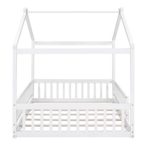 Harper & Bright Designs Full House Bed with Rails,Full Floor Bed for Kids,Full Size Montessori Bed Frame with Support Slats,Wooden Kids Full Playhouse Beds for Boys Girls(White)