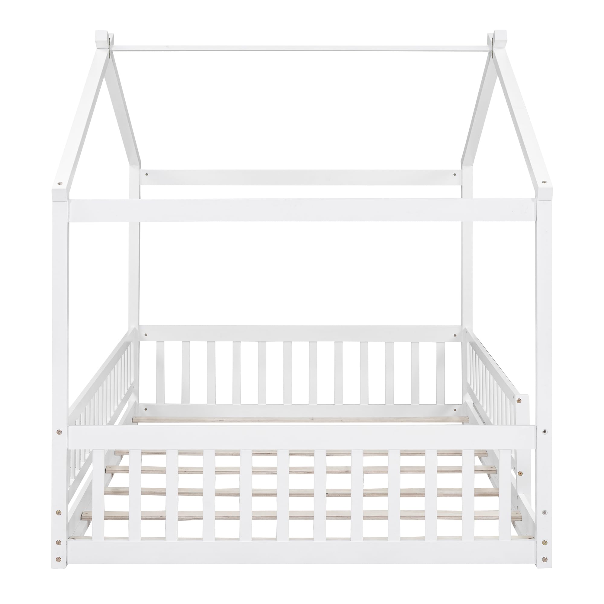 Harper & Bright Designs Full House Bed with Rails,Full Floor Bed for Kids,Full Size Montessori Bed Frame with Support Slats,Wooden Kids Full Playhouse Beds for Boys Girls(White)