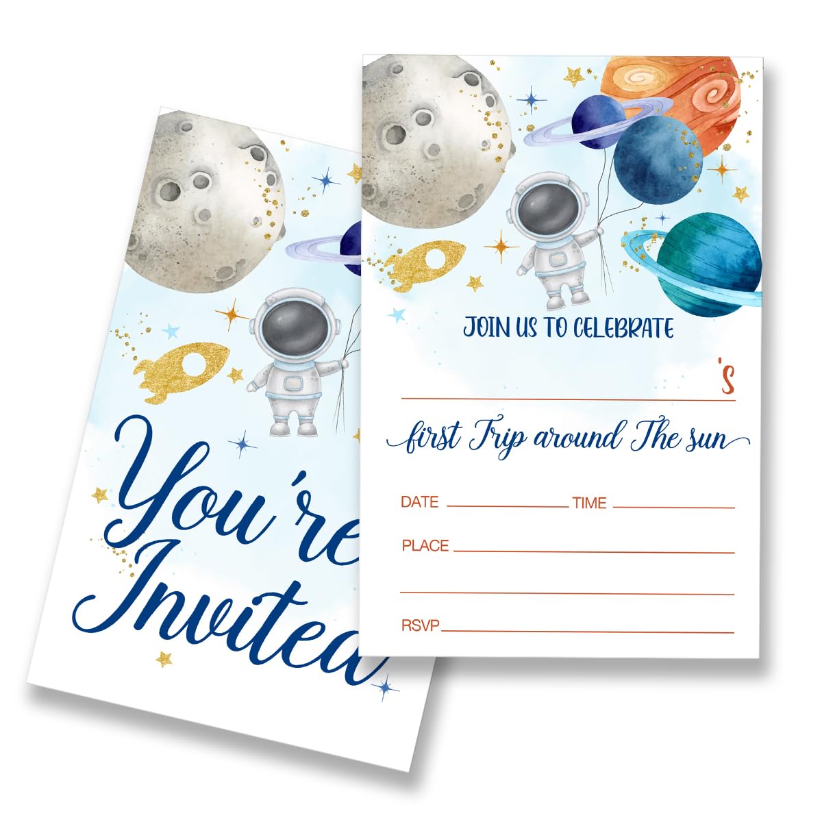 First Trip Around the Sun First Birthday Invitations Supplies Fill-In Set of 20 with Envelopes space Birthday Party Invites Cards, Double Sided