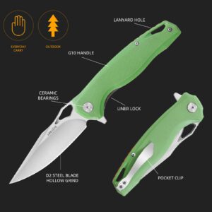 HANSHI Premium D2 Steel Blade G10 Handle Sharp Folding Pocket Knife with Clip for Men,Razor Tactical Knife Self Defense for Survival Hunting Camping Hiking Outdoor Gift,Foldable EDC Knife with Liner Lock for Women (green)