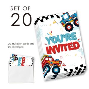 EUDOSI Monster Truck Birthday Invitations Supplies Fill-In Set of 20 with Envelopes Trucks Birthday Party Invites Cards, Double Sided