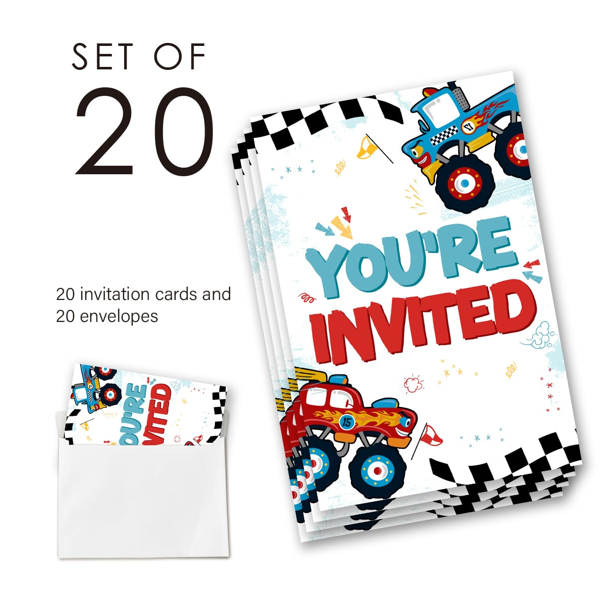 EUDOSI Monster Truck Birthday Invitations Supplies Fill-In Set of 20 with Envelopes Trucks Birthday Party Invites Cards, Double Sided