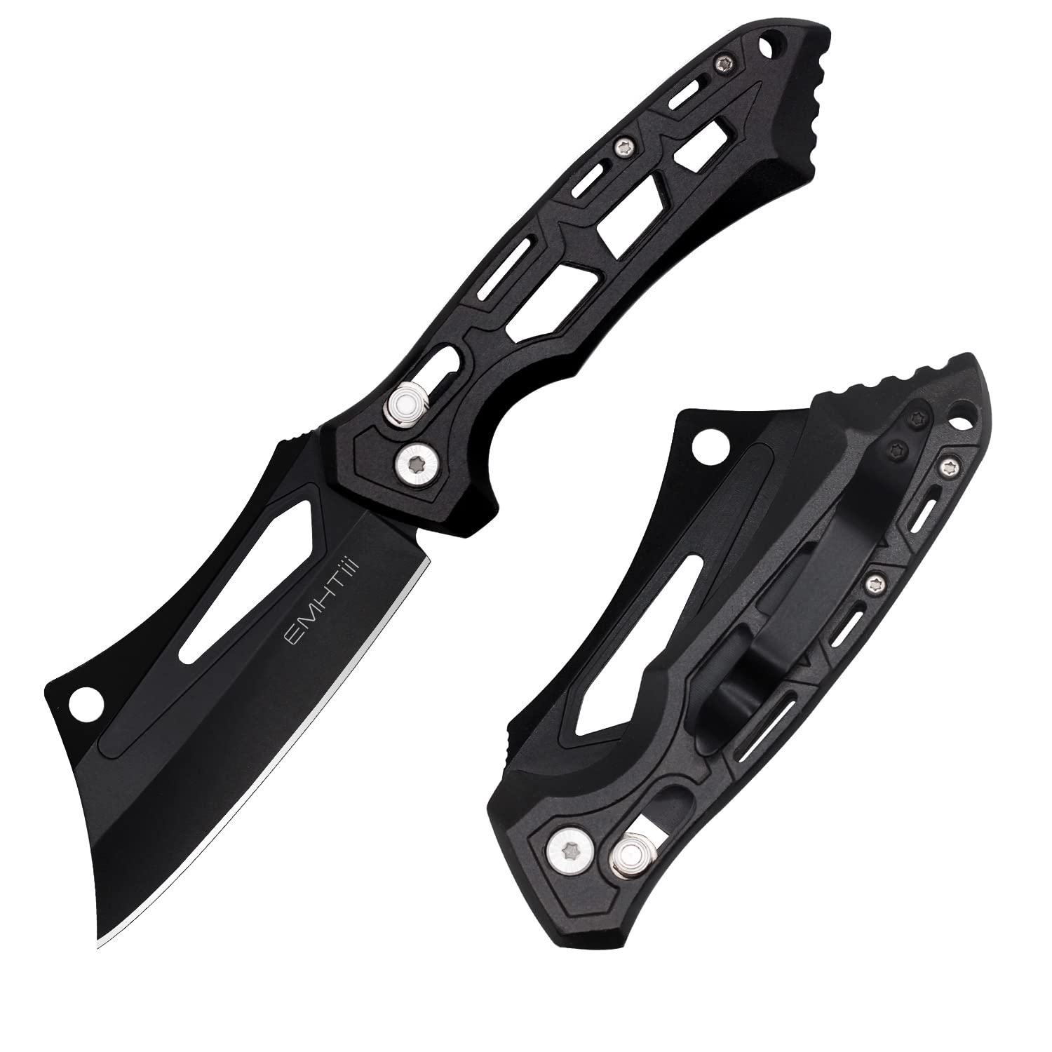 EMHTiii Cleaver Pocket Folding Knife for Men - 3.54" Stainless Steel Black Blade, Aluminum Handle with Clip, EDC Knives for Outdoor, Camping