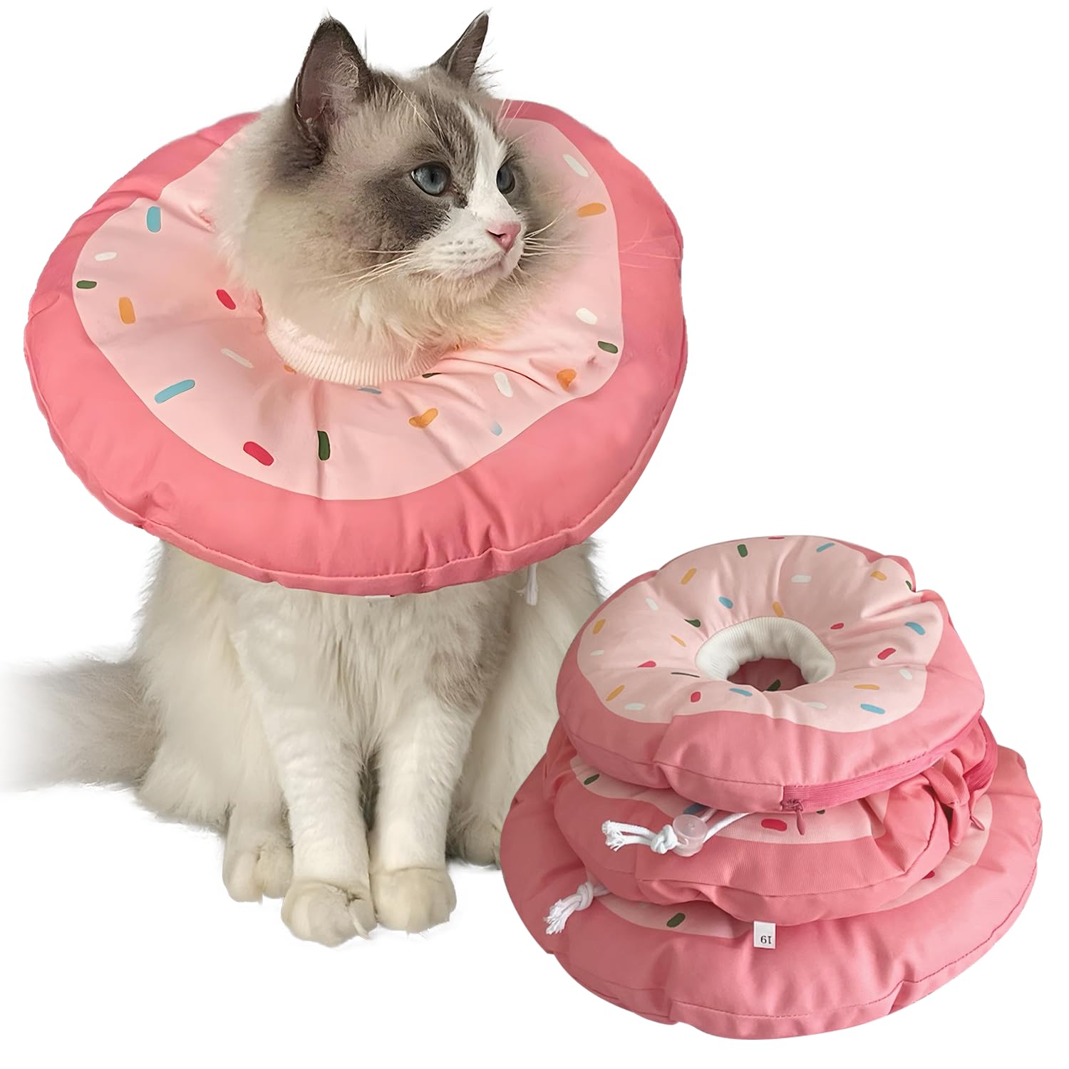 KUDES Cat and Small Dog Cone Waterproof, [Unique Design] Cute Donut Cat E Collar with Removable Washable Cover, Adjustable Neck Cone After Surgery Recovery Collar Pillow for Small Pets to Stop Licking