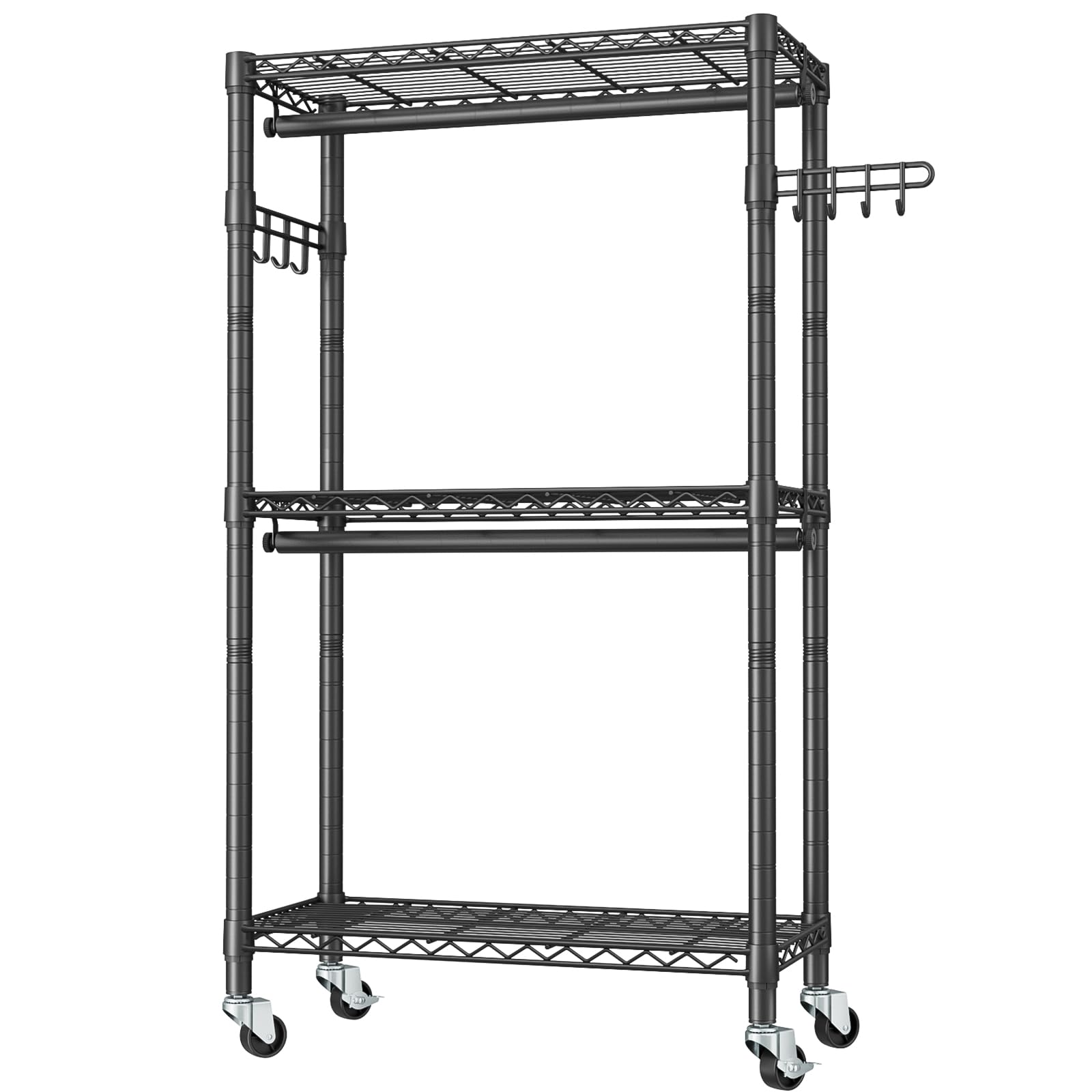 Heavy Duty Clothes Rack Rolling Garment Rack,3 Tier Adjustable Wire Shelving Clothing Racks for Hanging Clothes with Double Rods&Side Hooks,Freestanding Wardrobe Storage Rack Metal Portable Closet