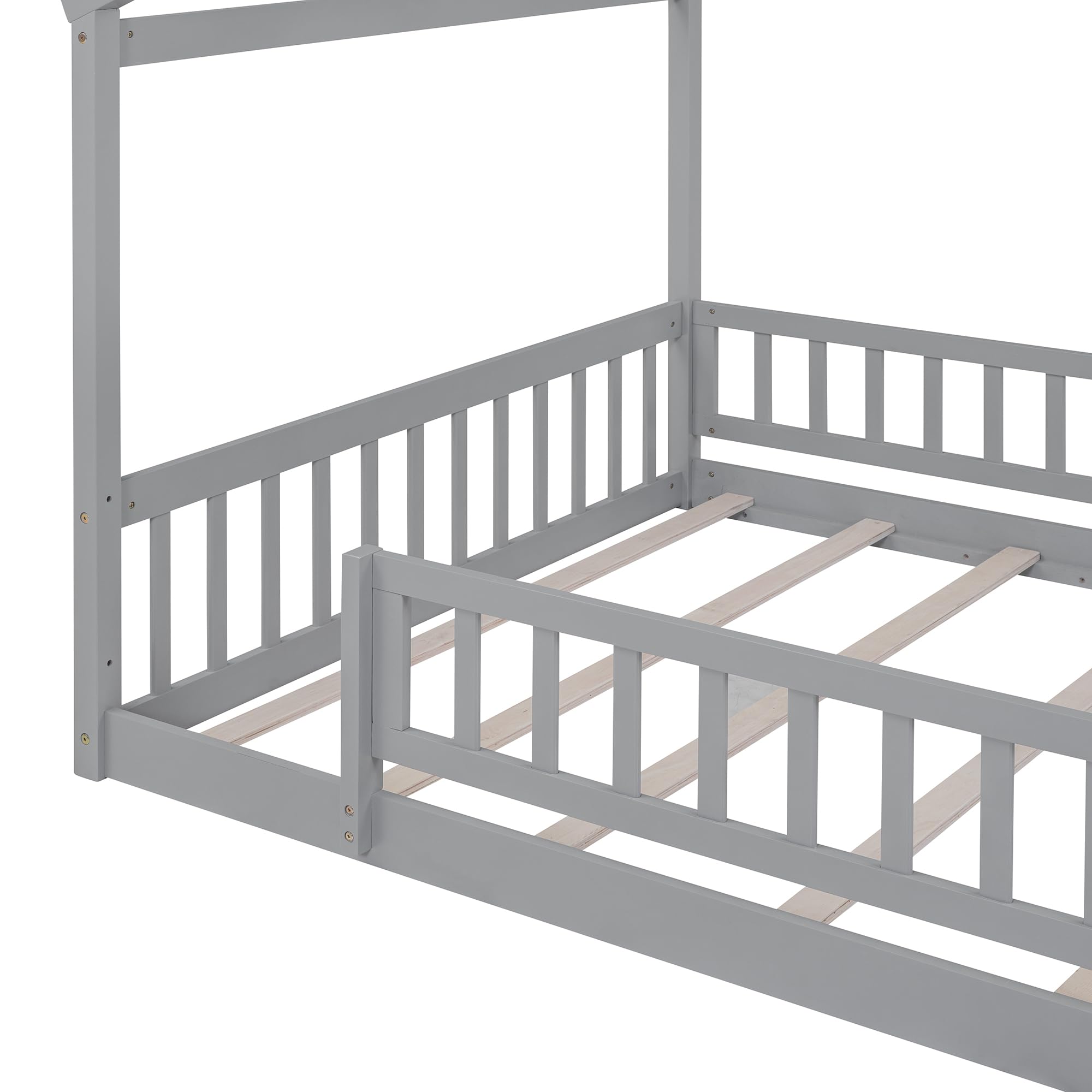 Polibi Full Size Wood Floor Bed Frame,Full House-Shaped Bed Daybed with Fence, for Kids Teens Girls Boys,Gray