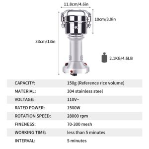 150g Grain Mill Grinder, 304 Stainless Steel Grain Mill, 1500W High-speed Commercial Spice Grinder, Superfine Grain Grinder, Flour Mill Grinder for Home, Grinder for Kitchen, Spice Grinder Electric