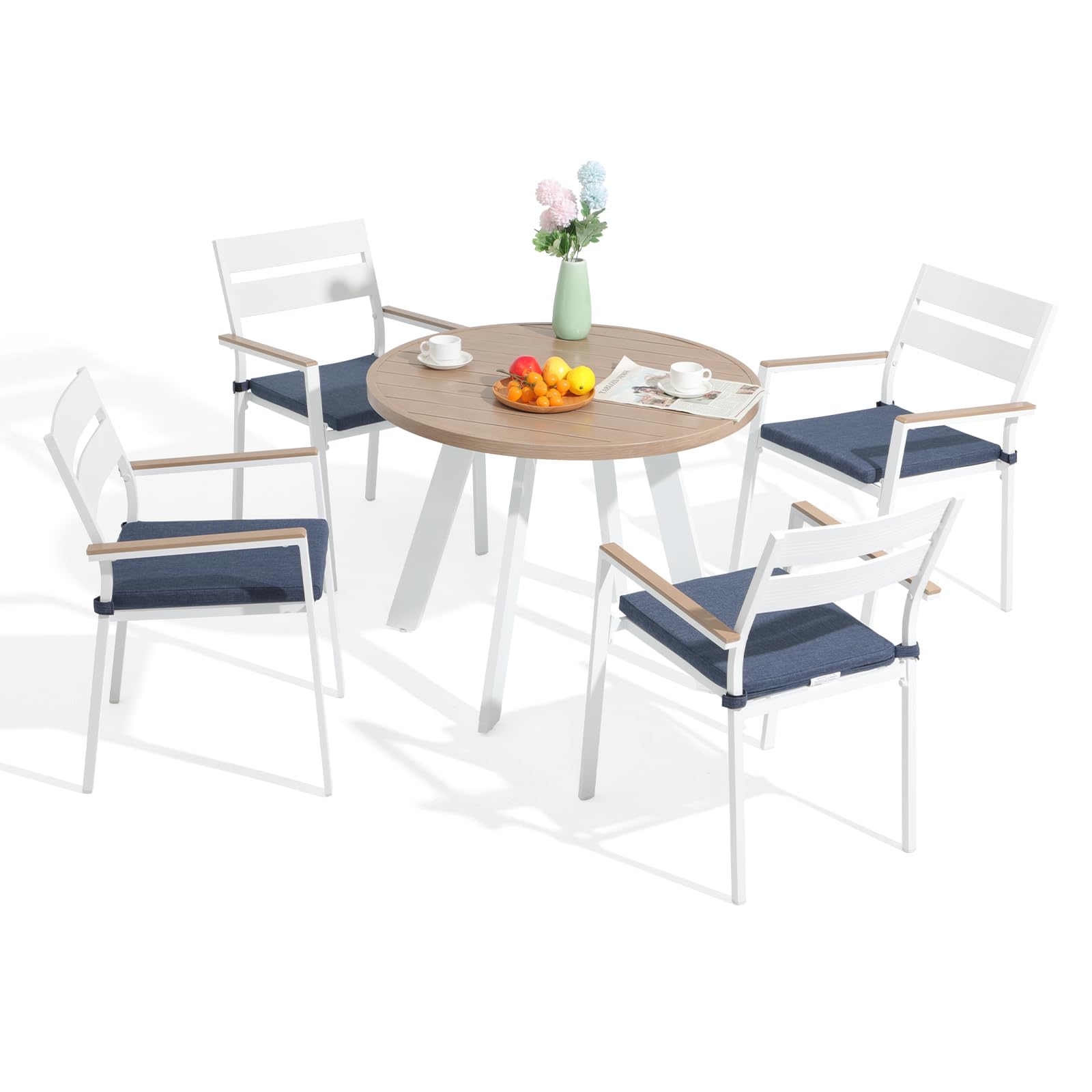 OC Orange-Casual 5 Piece Aluminum Patio Dining Set, Outdoor Furniture Set with 4 Stackable Cushioned Chairs and Round Weather Resistant Table w/Umbrella Hole for Deck, Backyard, Poolside(Dark Blue)