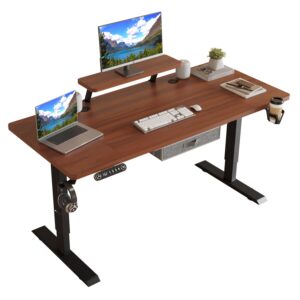 Jceet 63x30 Inches Electric Standing Desk with Drawer, Adjustable Height Sit Stand Up Desk with Storage Shelf, Home Office Desk Computer Workstation with Dark Walnut Top/Black Frame