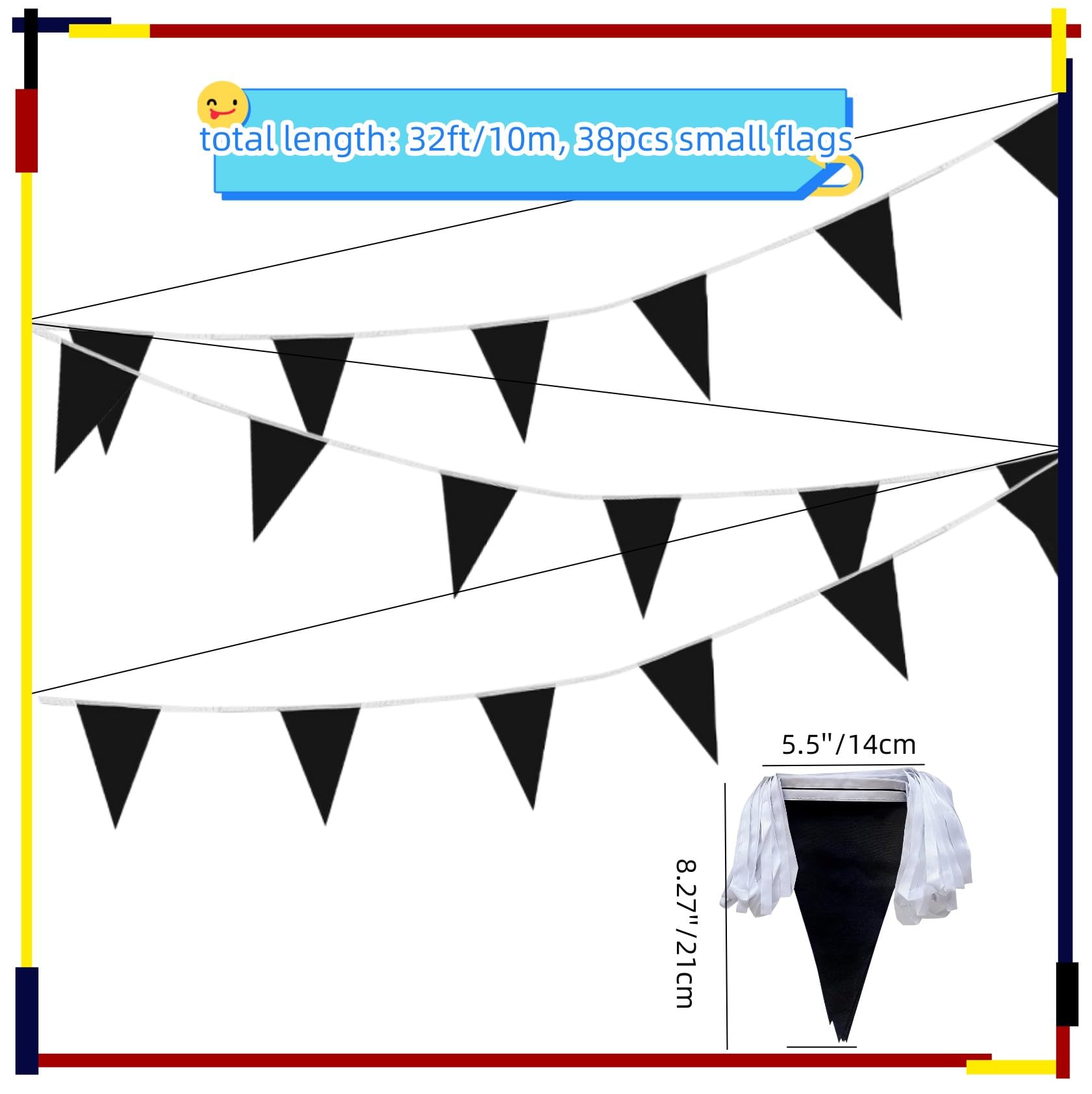 Black Pennant Banner DIY Blank Bunting Solid Triangle Fabric Flags String Decorations for Festival Celebration Bedroom Wedding Baby Bridal Shower Birthday Engagement Anniversary Party - 32 Feet