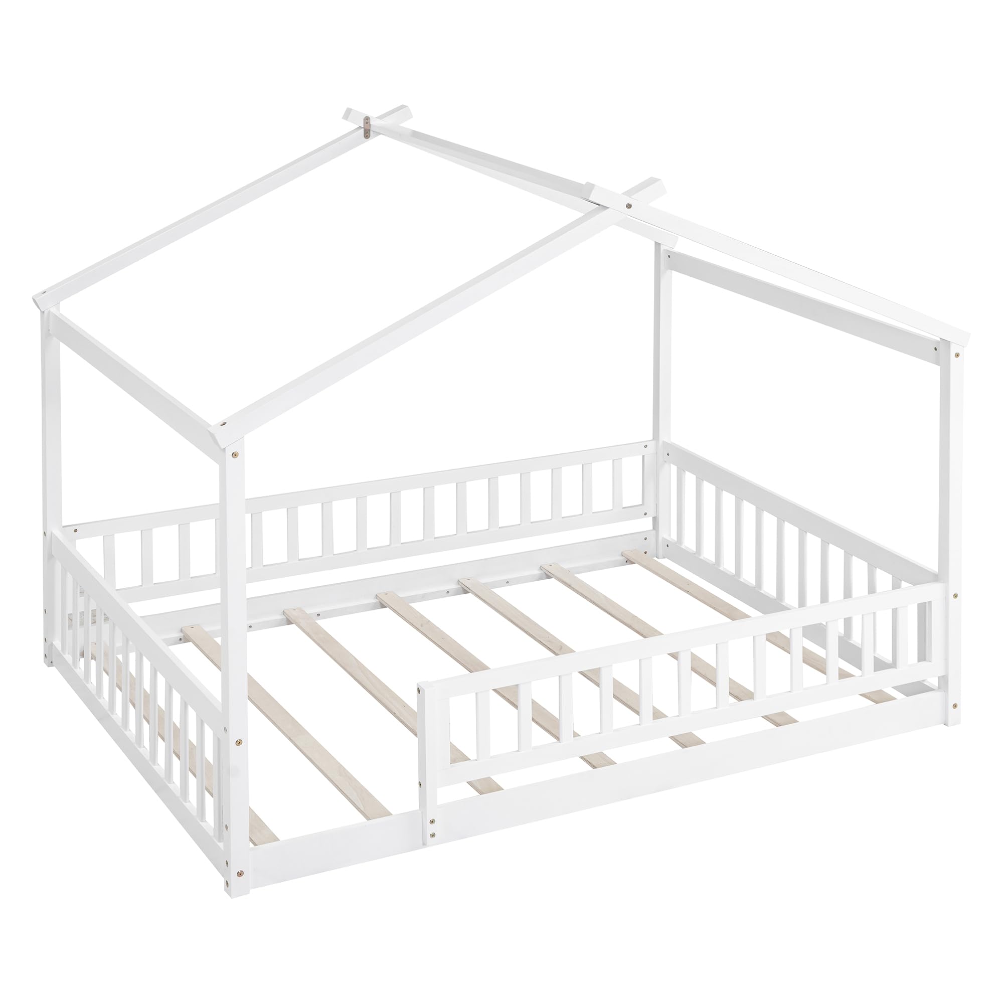 Harper & Bright Designs Full House Bed with Rails,Full Floor Bed for Kids,Full Size Montessori Bed Frame with Support Slats,Wooden Kids Full Playhouse Beds for Boys Girls(White)