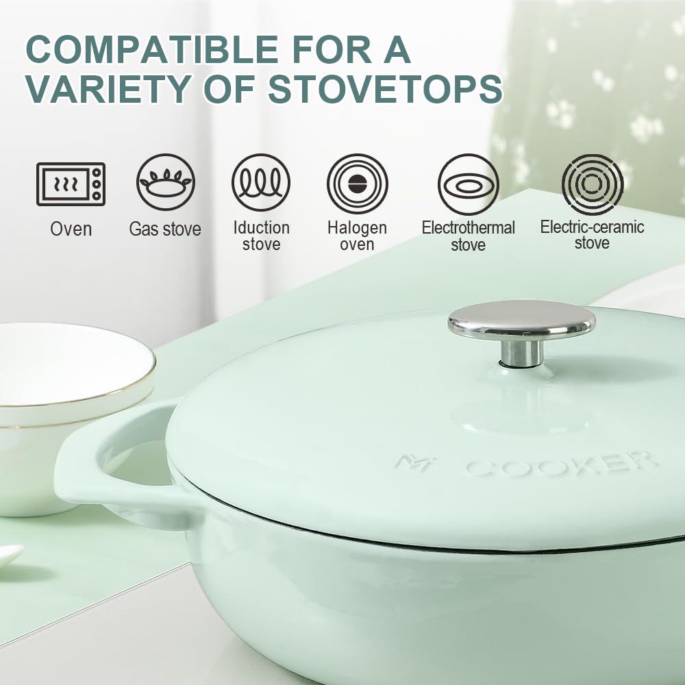 M-COOKER 3.8 Quart Enameled Cast Iron Braiser Pan with Lid，Covered Cast Iron Casserole Dish, Shallow Dutch Oven with Lid, Gift Idea for Family, Oven Safe (Mint green)