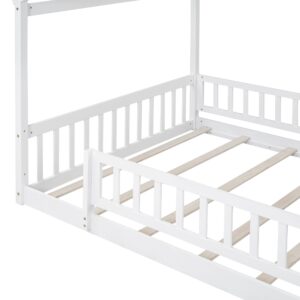 Harper & Bright Designs Full House Bed with Rails,Full Floor Bed for Kids,Full Size Montessori Bed Frame with Support Slats,Wooden Kids Full Playhouse Beds for Boys Girls(White)