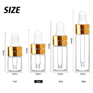 Comrzor 50 Pack 2ml Clear Glass Dropper Bottles with 2 Pcs Plastic Droppers, Mini Sample Dropper Bottles for Essential Oils Perfume Cosmetic Liquid, Empty Travel Sample Vials with Gold Cap