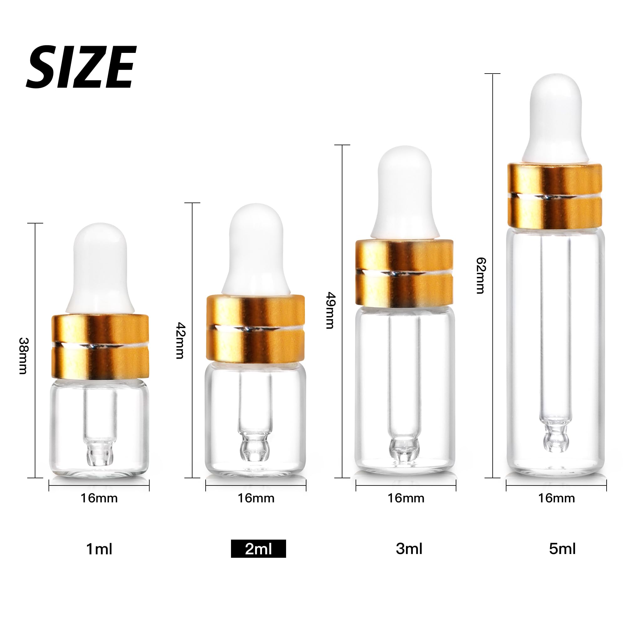 Comrzor 50 Pack 2ml Clear Glass Dropper Bottles with 2 Pcs Plastic Droppers, Mini Sample Dropper Bottles for Essential Oils Perfume Cosmetic Liquid, Empty Travel Sample Vials with Gold Cap