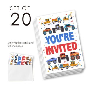 EUDOSI Transportation Birthday Party Invitations Supplies Fill-In Set of 20 with Envelopes Truck and Cars Birthday Invites Cards, Double Sided