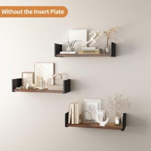 Serwrsw Black Floating Shelves with Removable Insert Plate Set of 3, Wooden Display Shelves, Rustic Decorative Wall Shelves for Living Room, Bedroom, Kitchen