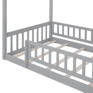 MERITLINE Twin House Bed for Kids Twin Montessori Floor Bed Frame with Rails and Roof, No Box Spring Needed, for Kids Teens Girls Boys (Twin Size, Gray)