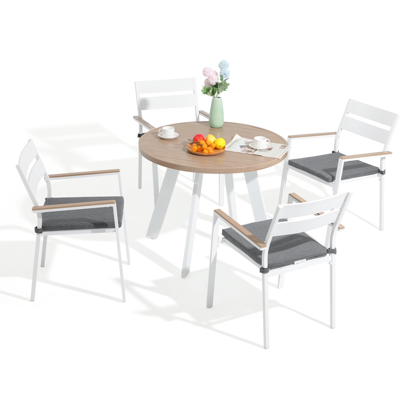 OC Orange-Casual 5 Piece Aluminum Patio Dining Set, Outdoor Furniture Set with 4 Stackable Cushioned Chairs and Round Weather Resistant Table w/Umbrella Hole for Deck, Backyard, Poolside(Grey)