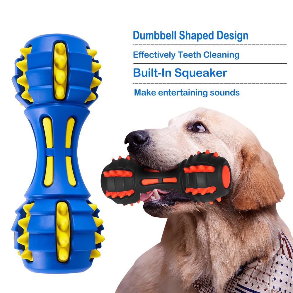 AUSCAT 2Pcs Dog Squeaky Chew Toys, Indestructible Dog Toy for Aggressive Chewers, Dumbbell Shape, Interactive Dog Toys for Large Medium Dogs, Rubber, Blue and Black