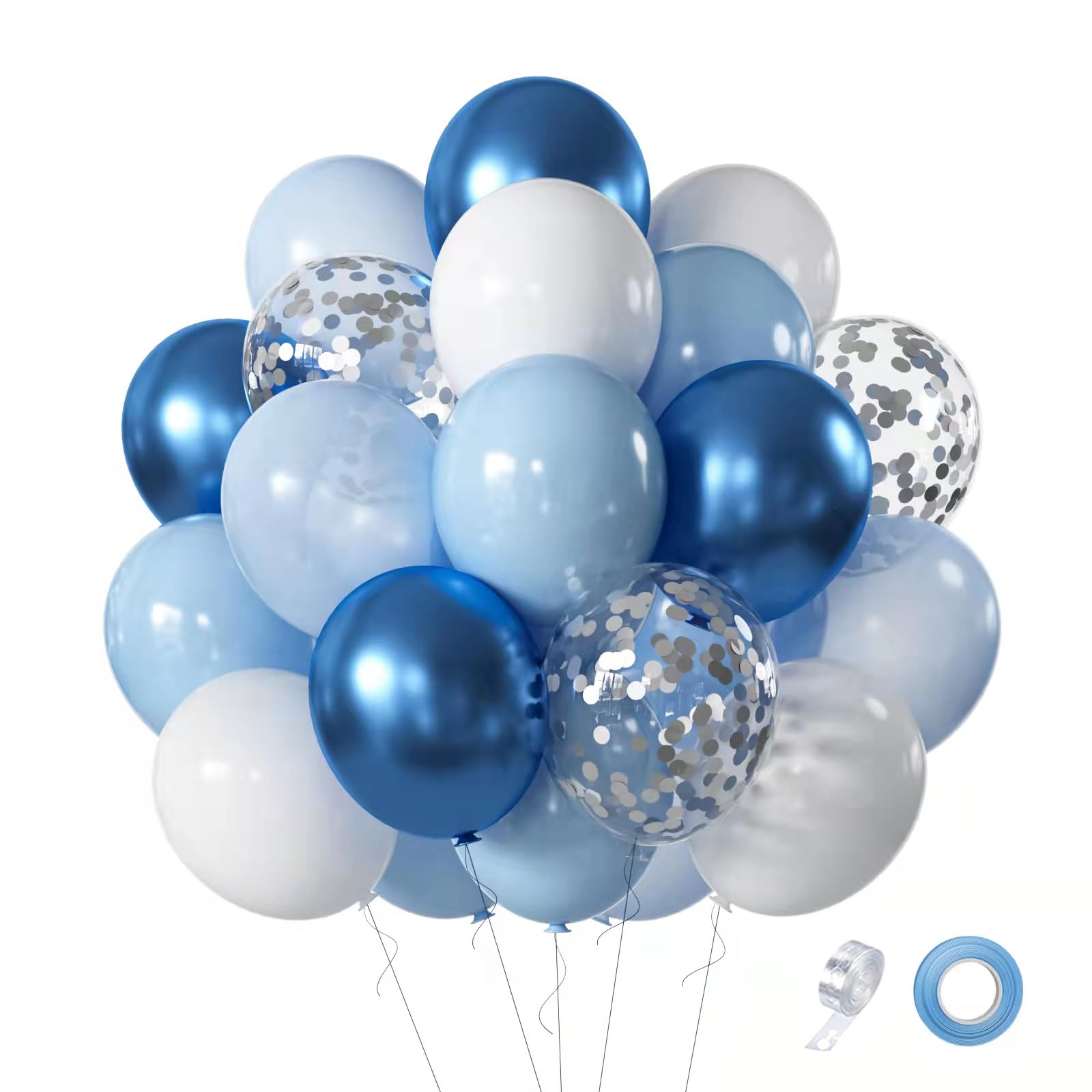 Blue White Balloons Set, 60 Pcs 12 Inch Metallic Chrome Blue Balloons Pearl Blue Balloons Light Blue Balloons Blue White Balloons for Baby Shower, Birthday, Bridal Shower, Wedding Party Decoration