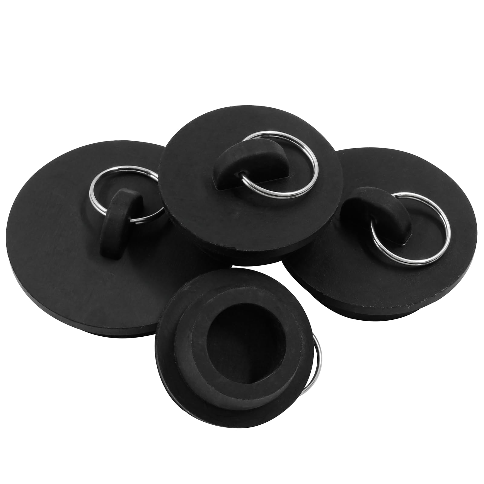 Cionyce 4 Pack Sink Bathtub Plug Rubber Sink Stopper Black Bath Tub Drain Stoppers with Pull Ring for Kitchen, Bathtub,Laundry Sink(Black)