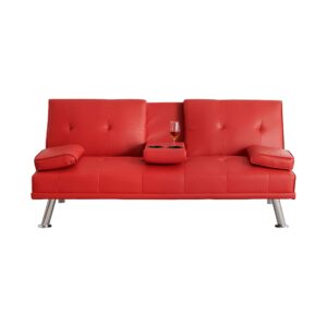 Anwick Modern Leather Futon Sofa Bed,Convertible Folding Couch Recliner Sleeper Loveseat for Small Space,Apartment,Office,Dorm,with Cup Holders and Removable Armrest (Red)