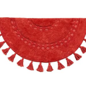 Unique Boho Rug - Half Circle Mat with Crochet Insert Detail & Tassels - 100% Cotton Boho Bathroom Rugs - Decorative Non-Slip Bohemian Rug for Bath & Bedroom - Cute Boho Decor - Paprika Red 42x22