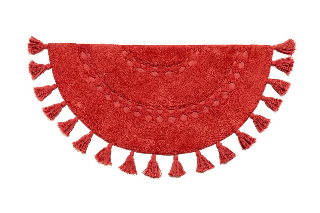 Unique Boho Rug - Half Circle Mat with Crochet Insert Detail & Tassels - 100% Cotton Boho Bathroom Rugs - Decorative Non-Slip Bohemian Rug for Bath & Bedroom - Cute Boho Decor - Paprika Red 42x22