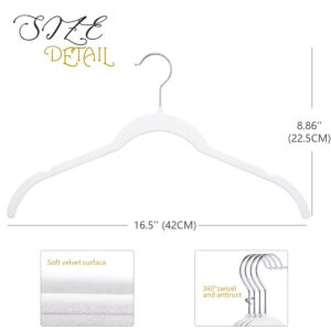 ManGotree 50 Pack Velvet Shirt Hangers for Women, 16.5'' Suit Hangers with 360° Swivel Hook, Non-Slip Coat Clothes Hangers for Tank Top, Shirts, Dress, Blouses, Strappy Dresses (White)