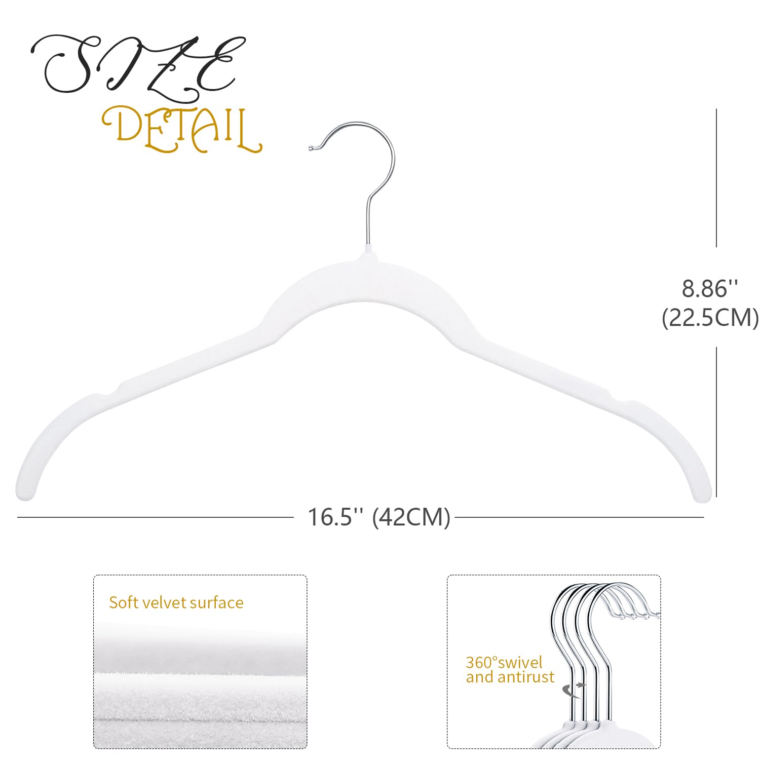 ManGotree 50 Pack Velvet Shirt Hangers for Women, 16.5'' Suit Hangers with 360° Swivel Hook, Non-Slip Coat Clothes Hangers for Tank Top, Shirts, Dress, Blouses, Strappy Dresses (White)