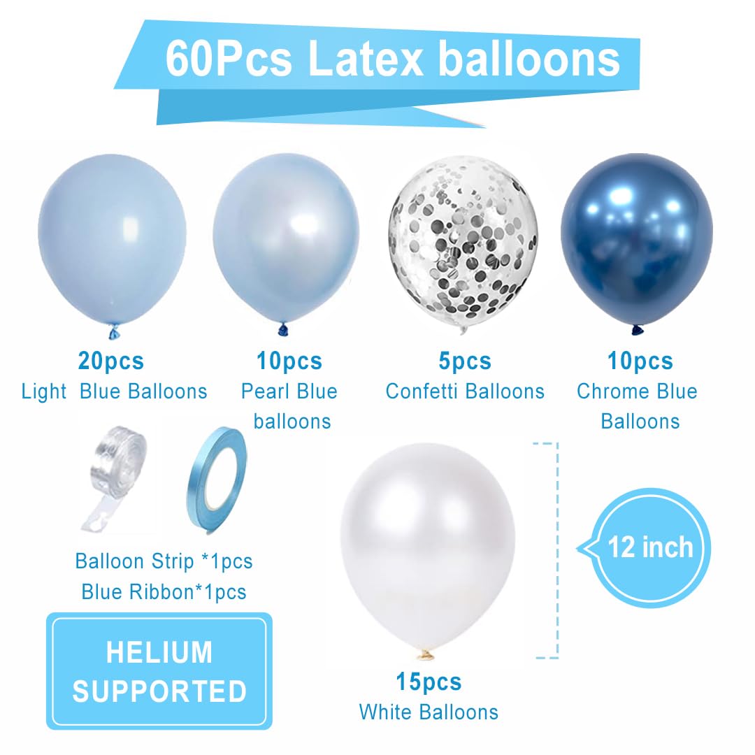 Blue White Balloons Set, 60 Pcs 12 Inch Metallic Chrome Blue Balloons Pearl Blue Balloons Light Blue Balloons Blue White Balloons for Baby Shower, Birthday, Bridal Shower, Wedding Party Decoration