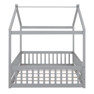 Polibi Full Size Wood Floor Bed Frame,Full House-Shaped Bed Daybed with Fence, for Kids Teens Girls Boys,Gray