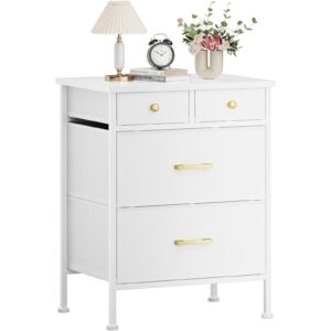 yilqqper nightstand, small dresser, bedside furniture, white night stand end table with 4 fabric drawers for bedroom, leather finish & wood top, white