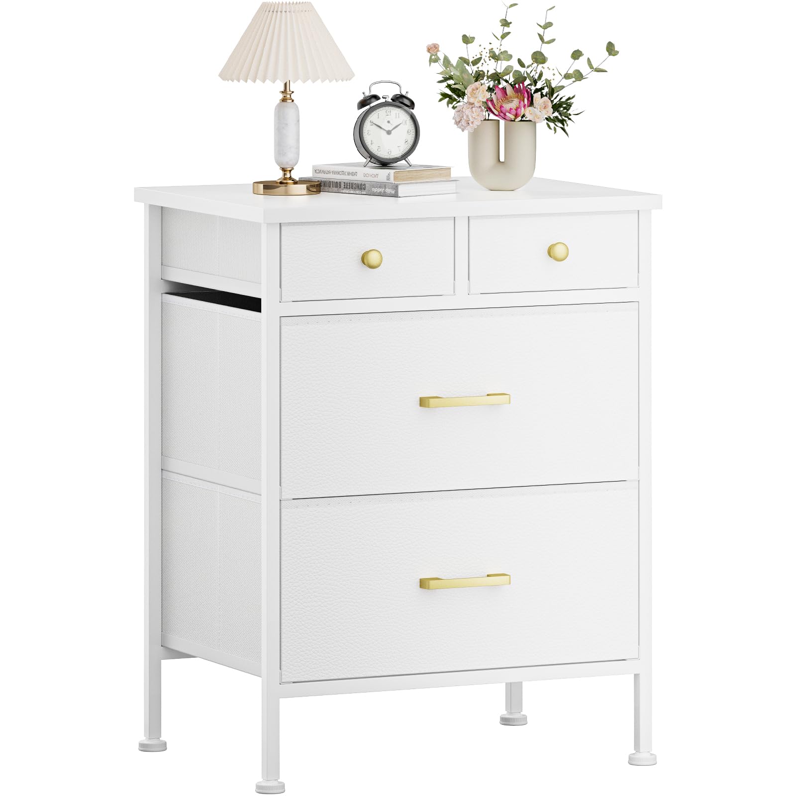 YILQQPER Nightstand, Small Dresser, Bedside Furniture, White Night Stand End Table with 4 Fabric Drawers for Bedroom, Leather Finish & Wood Top, White