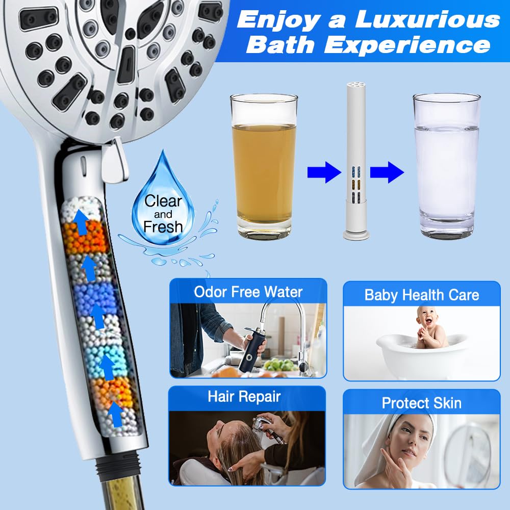 AMORIX Filtered Shower Head 12" Rain Shower Heads with Handheld Spray Combo 10 Settings Built-in 2 Power Wash, Dual Filter for Hard Water Rainfall Showerhead +12" Shower Extension Arm, 79" Shower Hose