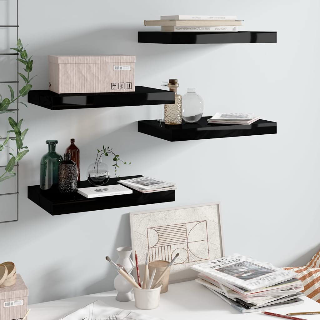 vidaXL Floating Wall Shelves, 4 pcs, High Gloss Black 15.7"x9.1"x1.5", MDF Material, Modern Black Wall Display Shelves with Invisible Mounting System