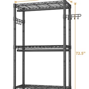 Heavy Duty Clothes Rack Rolling Garment Rack,3 Tier Adjustable Wire Shelving Clothing Racks for Hanging Clothes with Double Rods&Side Hooks,Freestanding Wardrobe Storage Rack Metal Portable Closet