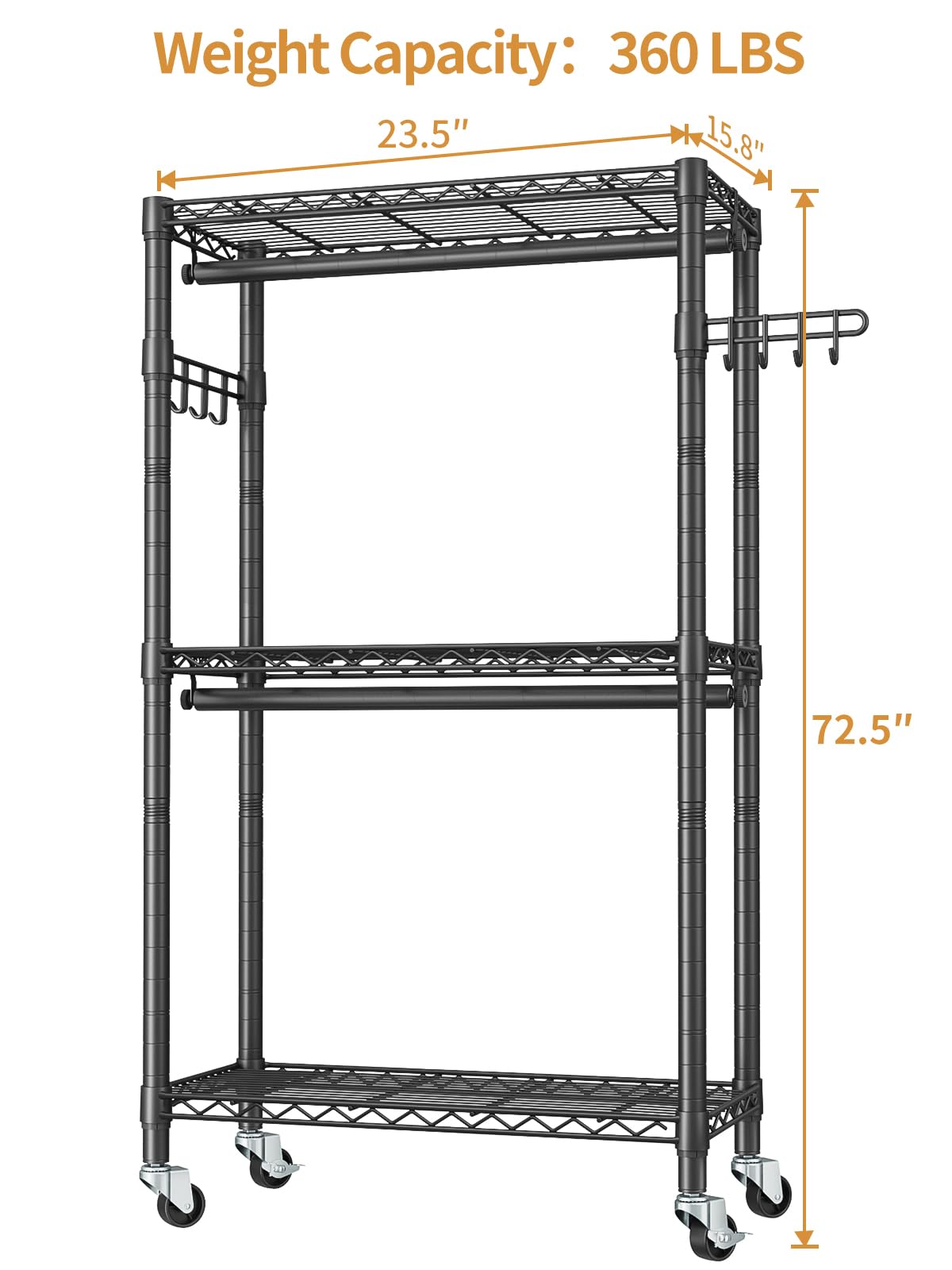 Heavy Duty Clothes Rack Rolling Garment Rack,3 Tier Adjustable Wire Shelving Clothing Racks for Hanging Clothes with Double Rods&Side Hooks,Freestanding Wardrobe Storage Rack Metal Portable Closet