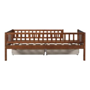 Harper & Bright Designs Twin Daybed with Two Drawers, Wood Twin Size Bed Frame with Fence Rails and Storage,Montessori Twin Bed for Kids Girls Boys,No Box Spring Needed,Walnut