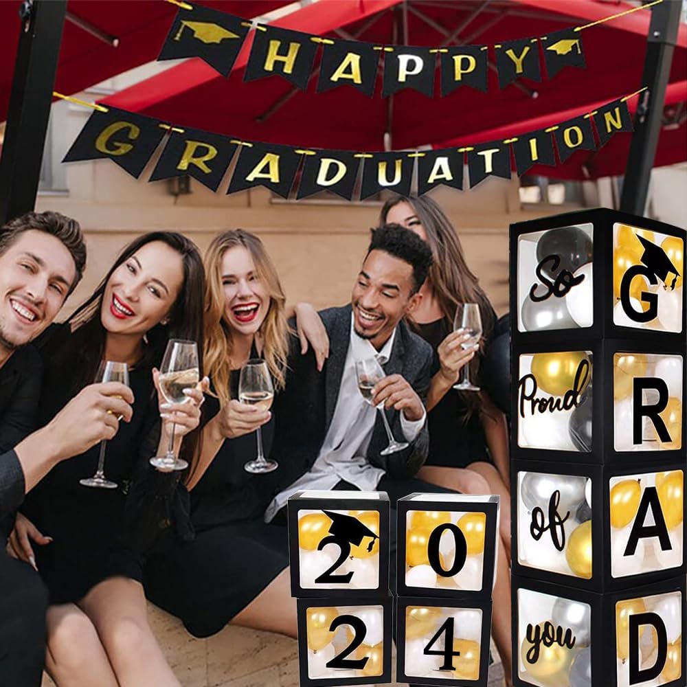 2024 Graduation Party Decoration Black Balloon Boxes with Letters 2024 Grad & So Proud of You and 20 pcs Ballons…