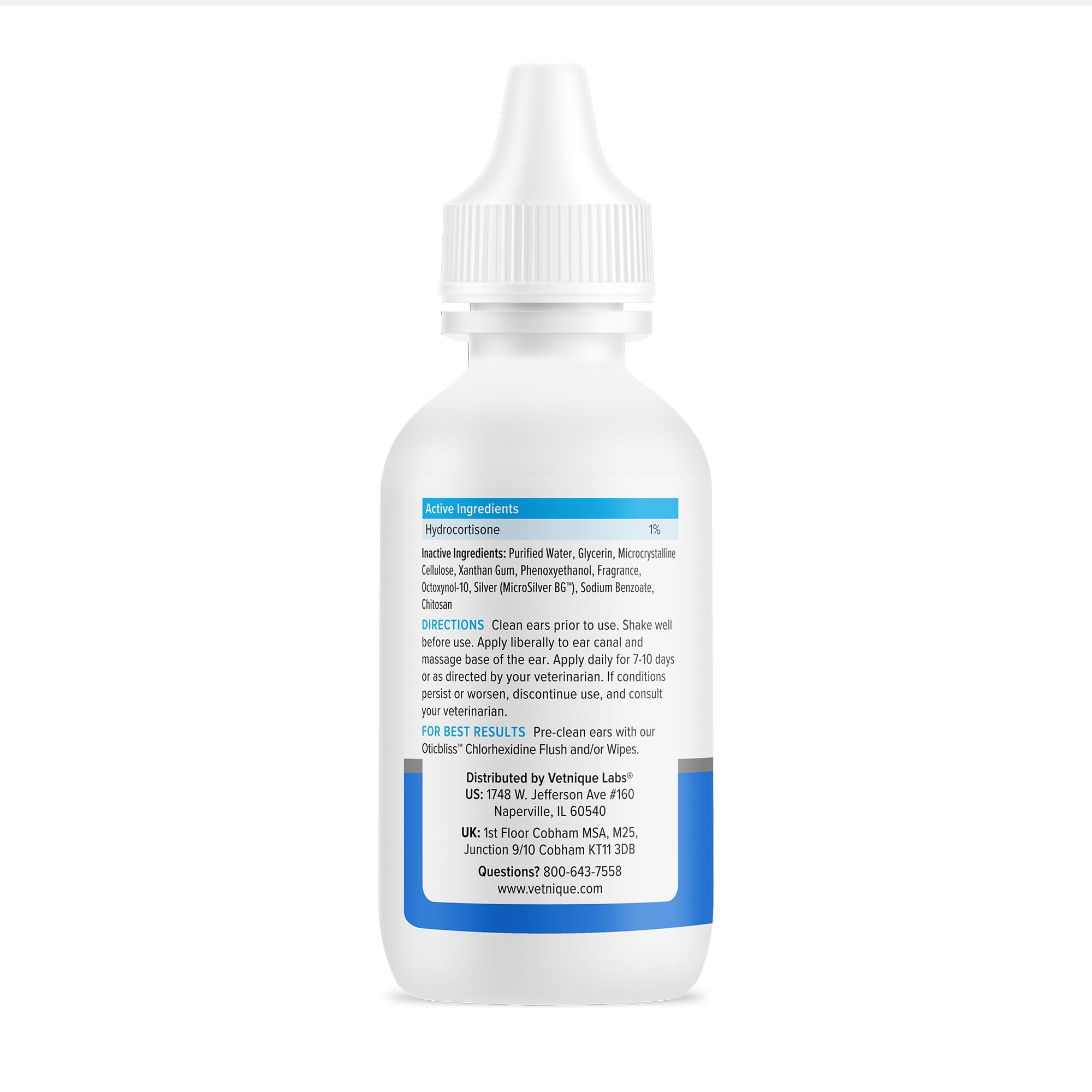 Vetnique Oticbliss Cat & Dog Ear Infection Treatment Drops - with 1% Hydrocortisone & MicroSilver BG for Dog Yeast Ear Infections - Vet Recommended Cat & Dog Ear Cleaner for Itchy Ear Relief