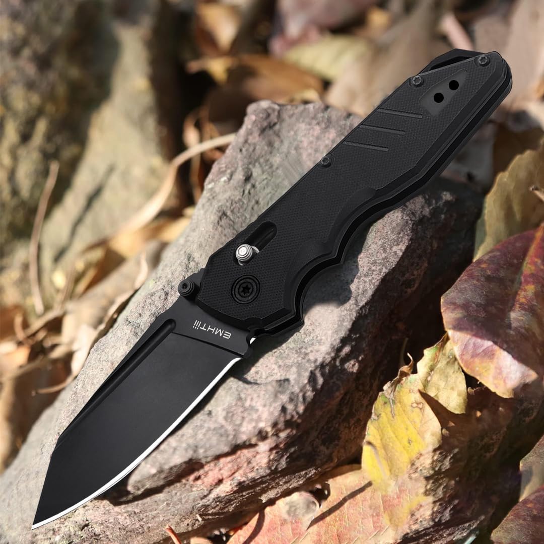 EMHTiii Pocket Folding Knife for Men: 3.93" Stainless Steel All Black Blade, Axis Lock, G10 Scales with Clip, EDC Knives Great for Outdoor, Camping, Hiking, EMH01N