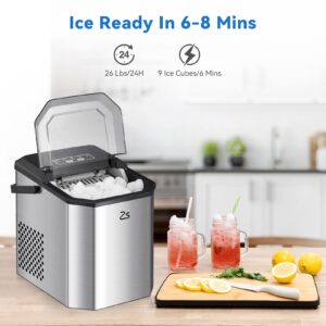 Zstar Ice Maker Countertop with Bullet Ice, 10,000pcs/26Lbs/Day, Portable Ice Machine w/Ice Scoop, 45lb Quiet Design and Self-Cleaning Function for Kitchen Office Bar Home Restaurants Stainless Steel