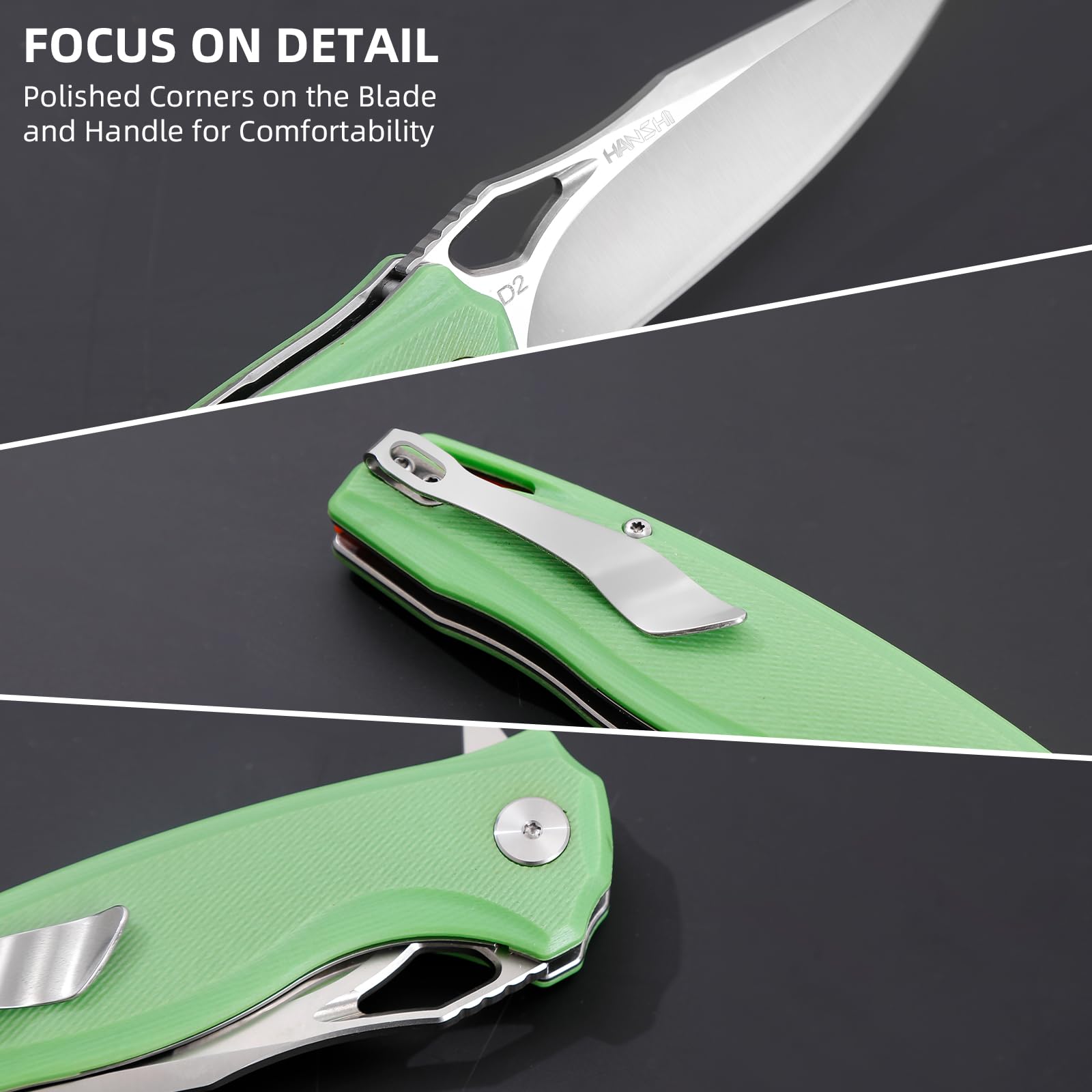 HANSHI Premium D2 Steel Blade G10 Handle Sharp Folding Pocket Knife with Clip for Men,Razor Tactical Knife Self Defense for Survival Hunting Camping Hiking Outdoor Gift,Foldable EDC Knife with Liner Lock for Women (green)