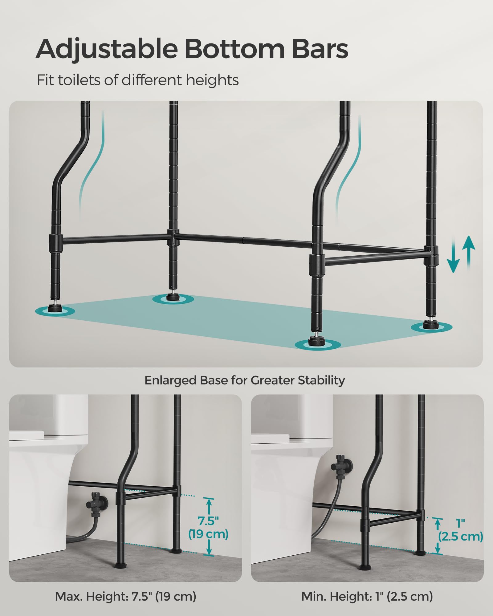 SONGMICS 4 Tier Over The Toilet Storage, Metal Storage Rack, Adjustable Shelves, 4 Hooks, Roll Holder, Space-Saving Bathroom Storage Shelf Organizer, 11.8 x 24.8 x 69.3 Inches, Black UBTS013B01